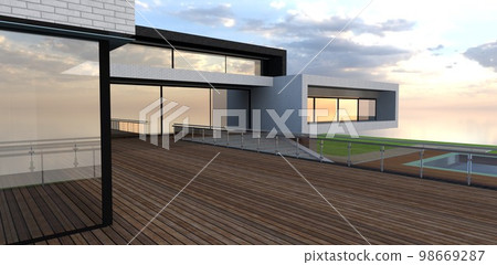 Wooden terrace on modern elite house. Relible glass fence with steel railing. Amazing sunset behind the clouds. 3d rendering. 98669287