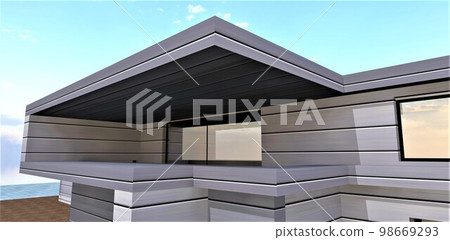 Design of a stylish futuristic metallic style balcony. Panoramic glass sliding doors provide heat-saving premises. A large visor protects people from rain and sun. 3d rendering. 98669293