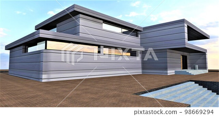 Finishing the house with horizontal metallized panels with a heat-efficient filler. The facade lasts a long time. Cool in summer, warm in winter. 3d rendering. 98669294