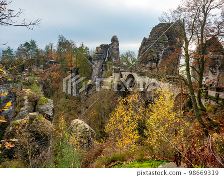 Popular Bastei Bridge  in the national park Saxon Switzerland, Germany 98669319