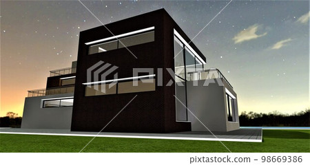 Side view of an elite country cottage at night. The white backlight looks harmonious against the background of the predawn sky. 3d rendering. 98669386
