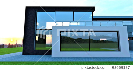 Spacious bright room with large stained glass windows. Behind the urban landscape against the backdrop of the setting sun. 3d rendering. 98669387