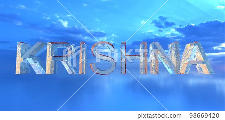The name of the Creator Krishna consisting of water over the sea surface against the blue sky. 3d rendering. 98669420