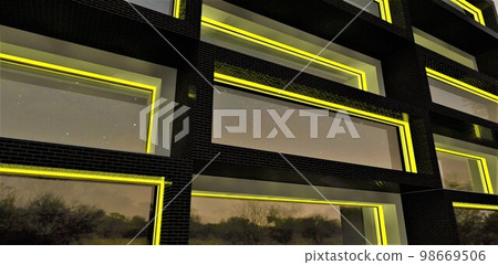 Bright yellow illumination of the window arches of a modern apartment building at night. A suitable idea for luxury facade designers. 3d rendering. 98669506