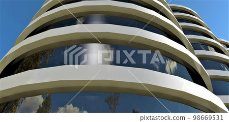 The round glass facade of the high-end futuristic hotel reflects the eco-friendly environment. Advertising banner for the sale of apartments. 3d rendering. 98669531