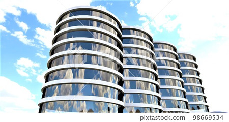 An exclusive project of an elite multi-apartment complex, consisting of four identical towers connected to each other. Full glass facade. 3d rendering. 98669534
