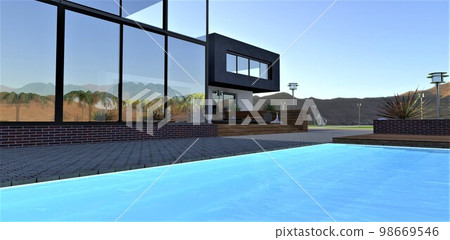 The wonderful blue surface of the water surface of the pool, which you want to swim right now. A wonderful project of a stylish house in the mountains. 3d rendering. The wonderful blue surface of the water surface of the pool, which you want to swim right now. A wonderful project of a stylish house in the mountains. 3d rendering. 98669546