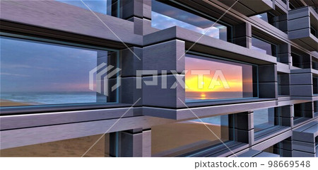 Amazing sunset reflected in window of the contemporary apartment building with stylish aluminium facade. 3d rendering, 98669548
