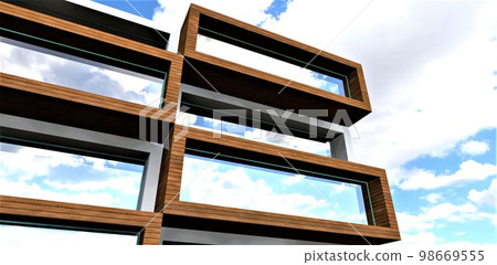 Contemporary balconies finished with facade board against the blue sky. Good banner for modern apartment advertisment. 3d rendering. Contemporary balconies finished with facade board against the blue sky. Good banner for modern apartment advertisment. 3d rendering. 98669555