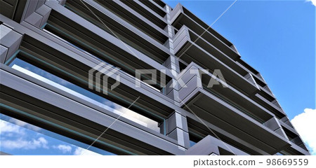 Stylish exterior design of a modern apartment building. Advanced balconies. View from below against the sky. 3d rendering. Stylish exterior design of a modern apartment building. Advanced balconies. View from below against the sky. 3d rendering. 98669559