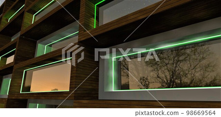 Aesthetic night illumination of the facade of an apartment club house with elements of wooden exterior trim. 3d rendering. Aesthetic night illumination of the facade of an apartment club house with elements of wooden exterior trim. 3d rendering. 98669564