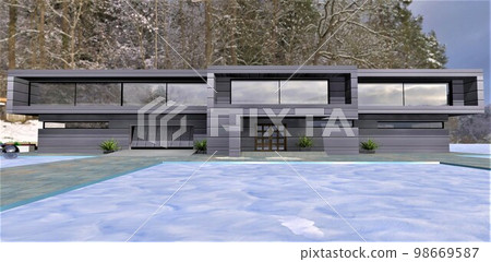 Snow-covered area in front of a modern country house on Christmas Eve. Beautiful dense forest in the back. 3d rendering. 98669587