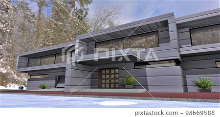 Stylish porch of a country house in winter in a snowy forest. Sunspot in front of the entrance from the rays breaking through the clouds. 3d rendering. Stylish porch of a country house in winter in a snowy forest. Sunspot in front of the entrance from the rays breaking through the clouds. 3d rendering. 98669588