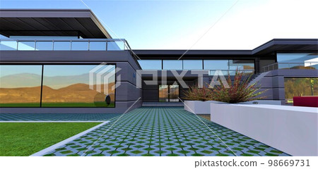 Picturesque sunrise behind a wonderful luxury estate. The illustration encourages a client to buy a house in Canada. 3d rendering. 98669731