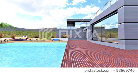 Finishing the blind area of a magnificent private house with red brick tiles. Direct access to the pool. Large panoramic window. Steps to the recreation area with sun loungers. 3d rendering. Finishing the blind area of a magnificent private house with red brick tiles. Direct access to the pool. Large panoramic window. Steps to the recreation area with sun loungers. 3d rendering. 98669746