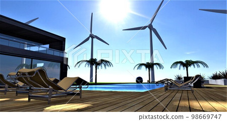 Glare from the bright sun on the boardwalk near the pool with sun loungers. Wind turbines against the blue sky. 3d rendering. 98669747