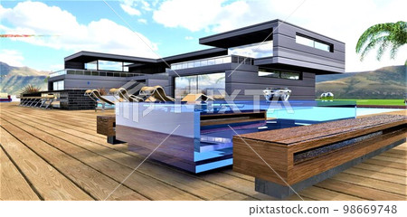 Glass table with wooden benches on the decking in the backyard of the stylish suburban dwelling. 3d rendering. 98669748
