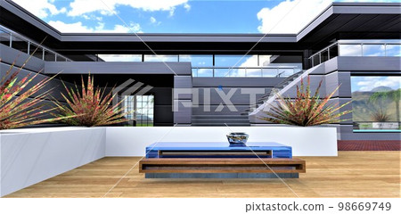 Loft-style wooden bench and blue plexiglass table in the yard of a wonderful futuristic house. 3d rendering. Loft-style wooden bench and blue plexiglass table in the yard of a wonderful futuristic house. 3d rendering. 98669749