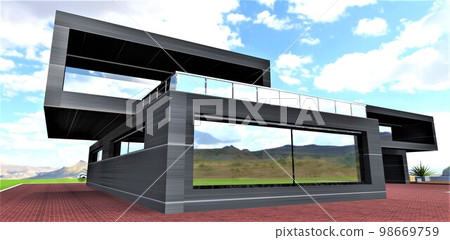 A new house designed in a futuristic style, built from an innovative material based on an energy-efficient carbon-coated composite. 3d rendering. A new house designed in a futuristic style, built from an innovative material based on an energy-efficient carbon-coated composite. 3d rendering. 98669759