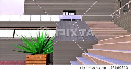 Abstract stairs up to the second floor of the contemporary elite house finished with grey metal alloy. 3d rendering. Abstract stairs up to the second floor of the contemporary elite house finished with grey metal alloy. 3d rendering. 98669760