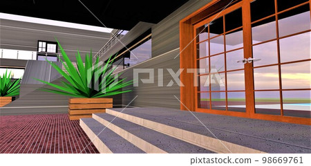 Amazing design of the porch in a stylish courtyard. Wide concrete stairs to the entrance with wooden door. 3d rendering. Amazing design of the porch in a stylish courtyard. Wide concrete stairs to the entrance with wooden door. 3d rendering. 98669761
