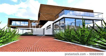 Design of contemporary suburban dwelling built in accordance with ecological building standarts. 3d rendering. 98669990