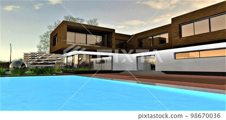 View of the elite contemporary dwelling courtyard with illuminated pool in the night. Beautiful hotel on the background. 3d rendering. 98670036