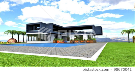 Beautiful newly built elite house with blue pool and amazing large lawn. Concrete blocks pavement with white stone curb, 3d rendering. Beautiful newly built elite house with blue pool and amazing large lawn. Concrete blocks pavement with white stone curb, 3d rendering. 98670041