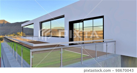 Cool balcony of the private contemporary house built in the mountains. Glass panels with steel railings as a fence. 3d rendering. 98670043