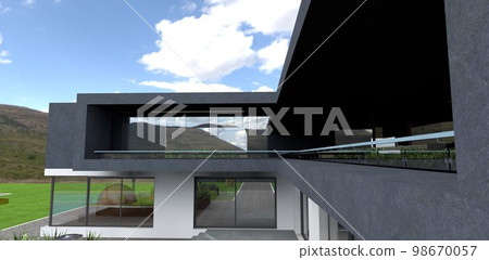 Spacious stylish balcony of a private modern house. Finishing the facade with gray plaster. Lots of glass in the exterior of the building. 3d rendering. Spacious stylish balcony of a private modern house. Finishing the facade with gray plaster. Lots of glass in the exterior of the building. 3d rendering. 98670057