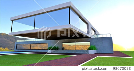 Stanning sunset behind the cuburban elite house constructed in the mountains according to the last building technologies. 3d rendering. Stanning sunset behind the cuburban elite house constructed in the mountains according to the last building technologies. 3d rendering. 98670058