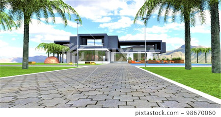 Walkway made of gray concrete shaped blocks with white curb on the green meadow in the yard of the contemporary estate in ecological mountains region. 3d rendering. 98670060