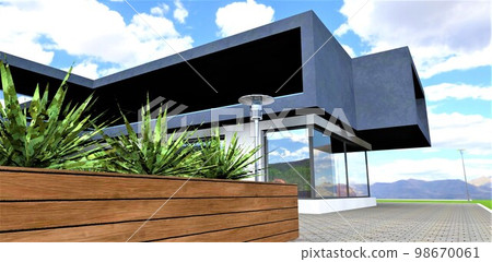Wooden long flowerpot with tropical plants in a yard of the contemporary estate. Amazing blue sky and mountain landscape. 3d rendering. 98670061