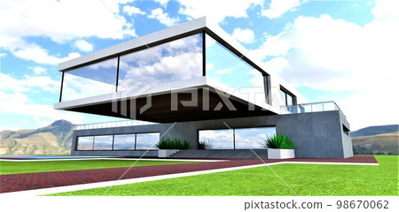 A masterpiece of impossible architecture. Futuristic suburban housing project. Panoramic window of the console second floor. Ecological mountains district. 3d rendering. 98670062