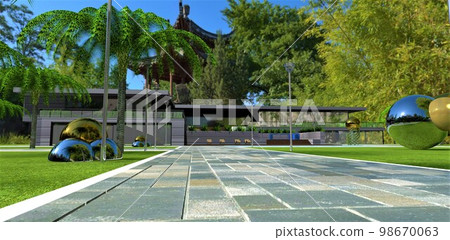 Amazing estate in a Chinese park. Walkway raved with concrete slabs withwhite curb along th lawn to the contemporary house. Strange metal spheres on the grass. 3d rendering. Amazing estate in a Chinese park. Walkway raved with concrete slabs withwhite curb along th lawn to the contemporary house. Strange metal spheres on the grass. 3d rendering. 98670063