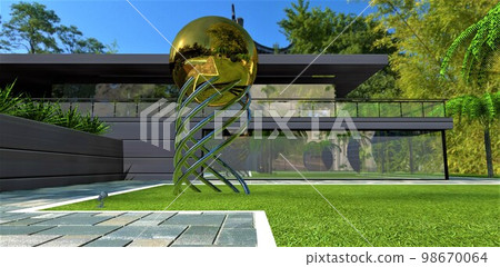 Amazing installation made of gold and chrome on the grass in a cozy green park on the territiry og the contemporary estate. 3d rendering. Amazing installation made of gold and chrome on the grass in a cozy green park on the territiry og the contemporary estate. 3d rendering. 98670064