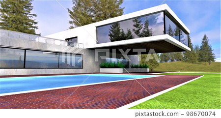Observation tower of an elite estate in the suburbs of Toronto. At the bottom of the pool with constantly heated water. Paving stones made of red frost-resistant bricks on a green lawn. 3d rendering. 98670074