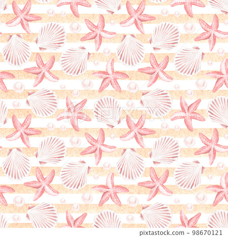 Seashells and starfish seamless pattern. On a striped background. Watercolor illustration. Isolated on a white background.For the design fabrics, clothes, stationery, accessories for a beach holiday Seashells and starfish seamless pattern. On a striped background. Watercolor illustration. Isolated on a white background.For the design fabrics, clothes, stationery, accessories for a beach holiday 98670121