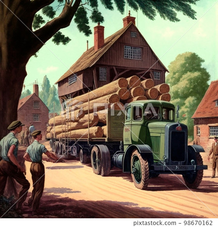 England in the 80s. Loading by workers of the car with logs 98670162