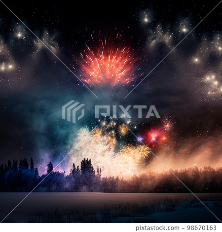 Bright night sky with fireworks Bright night sky with fireworks 98670163