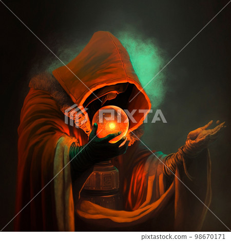 Magician in an orange hoodie with a sphere in his hands 98670171