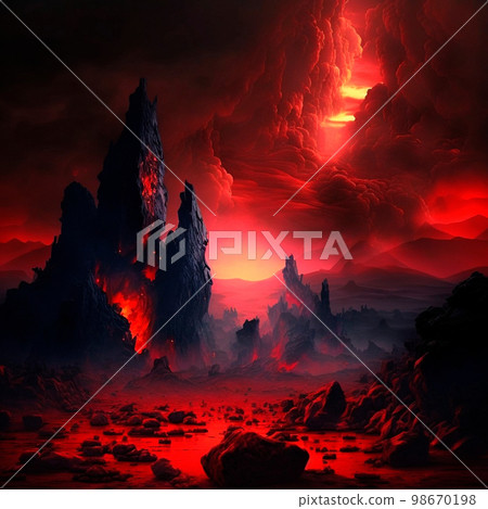 Red mountains, flashes and cracks on the surface. Gloomy sky. Magma and lava spread over the mountains. Lava world collection Red mountains, flashes and cracks on the surface. Gloomy sky. Magma and lava spread over the mountains. Lava world collection 98670198