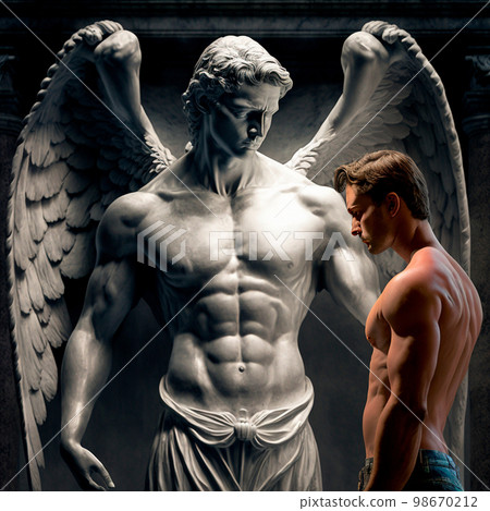 a man stands in front of an angel with his head bowed 98670212