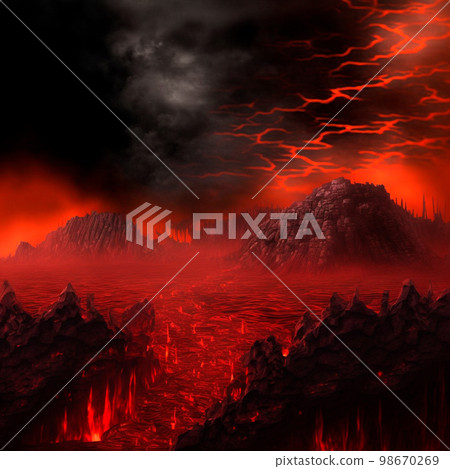 Red mountains, flashes and cracks on the surface. Gloomy sky. Magma and lava spread over the mountains. Lava world collection Red mountains, flashes and cracks on the surface. Gloomy sky. Magma and lava spread over the mountains. Lava world collection 98670269