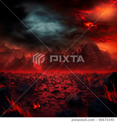 Red mountains, flashes and cracks on the surface. Gloomy sky. Magma and lava spread over the mountains. Lava world collection Red mountains, flashes and cracks on the surface. Gloomy sky. Magma and lava spread over the mountains. Lava world collection 98670340