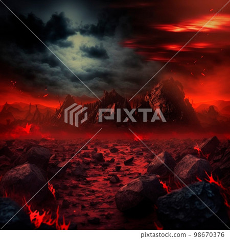Red mountains, flashes and cracks on the surface. Gloomy sky. Magma and lava spread over the mountains. Lava world collection Red mountains, flashes and cracks on the surface. Gloomy sky. Magma and lava spread over the mountains. Lava world collection 98670376