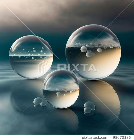 Transparent water spheres against a stunning backdrop of mountains and water. Reflection of the landscape and elements inside the spheres Transparent water spheres against a stunning backdrop of mountains and water. Reflection of the landscape and elements inside the spheres 98670386