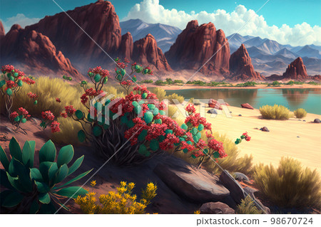 desert with mountains, cacti, bushes 98670724