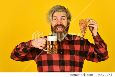 Love at first slice. Fresh and hot. In mood for Italian food. Man bearded hipster hold pizza. Pizza delivery service. Delivering food to apartment. Hungry man going to eat pizza alone. Cheesy taste 98670761