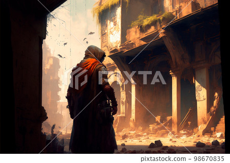 A traveler in an old abandoned city. Ruins and ruins. Steampunk style 98670835